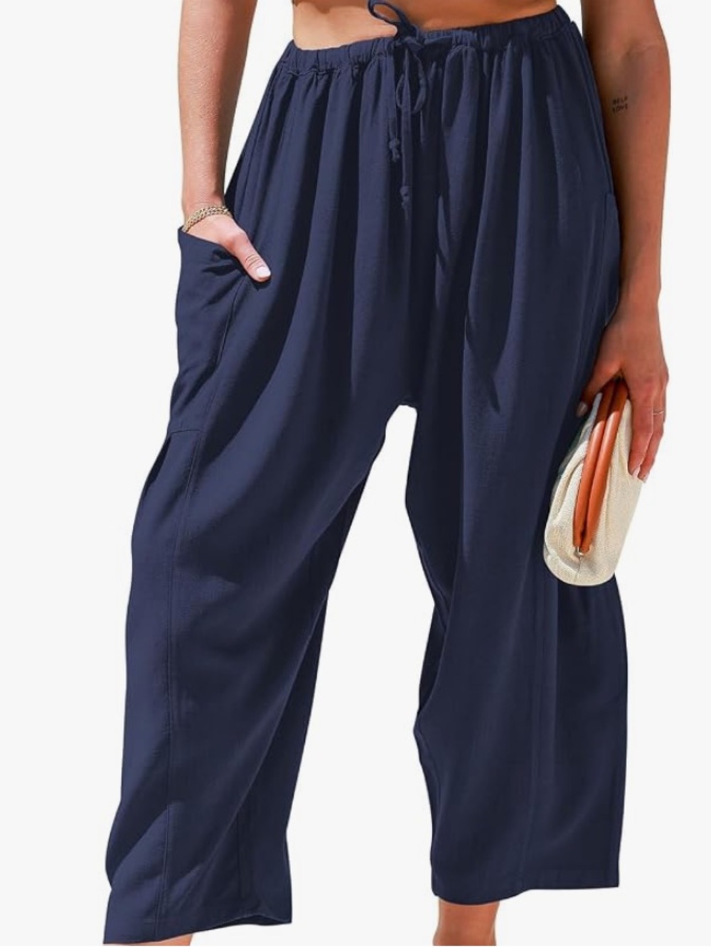 Women's Navy Wide-Leg Drawstring Palazzo Pants